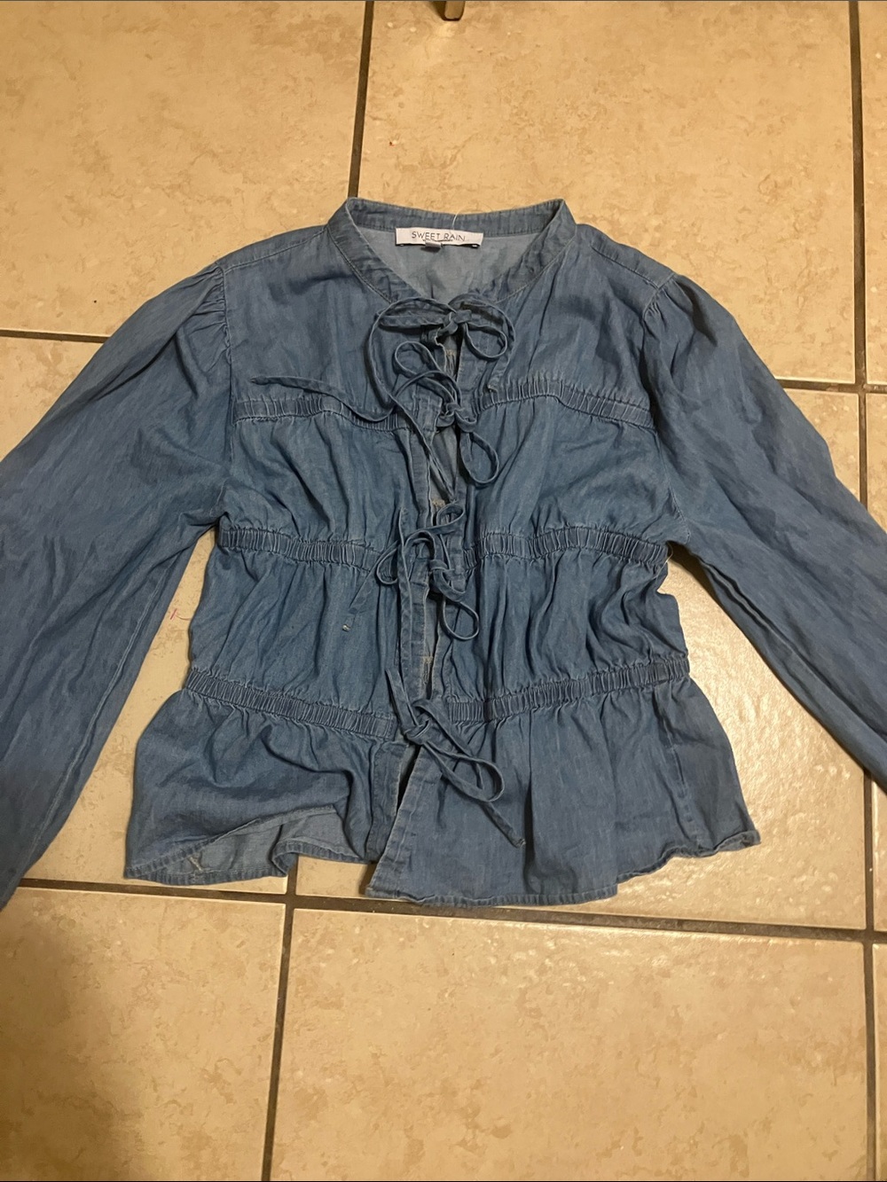 Sweet Rain Chambray Lace-Up Peplum Blouse - Light Blue